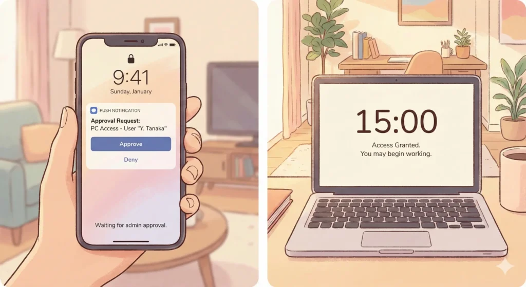 ABRで承認リクエスト通知とログアウトまでの実行中のイメージ